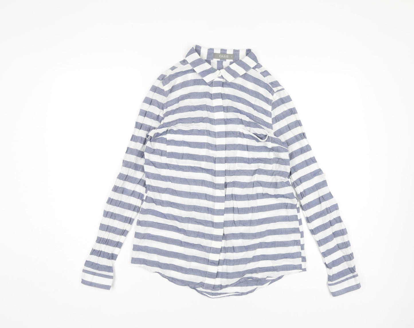 Oasis Women's Blue Striped Button-Up Shirt, Size 8