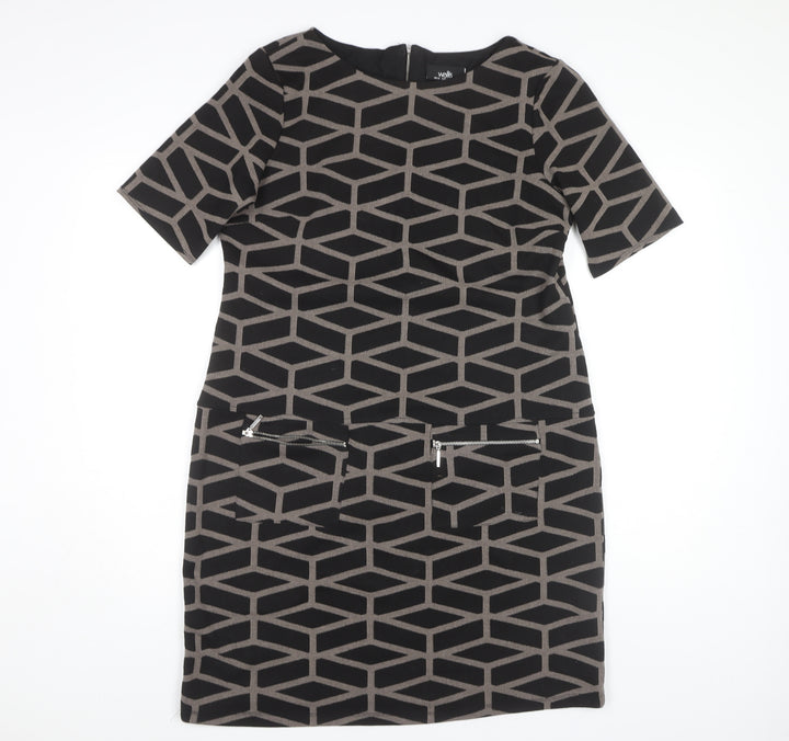 Wallis Women's Black Sheath Dress, Size 14, Geometric Pattern