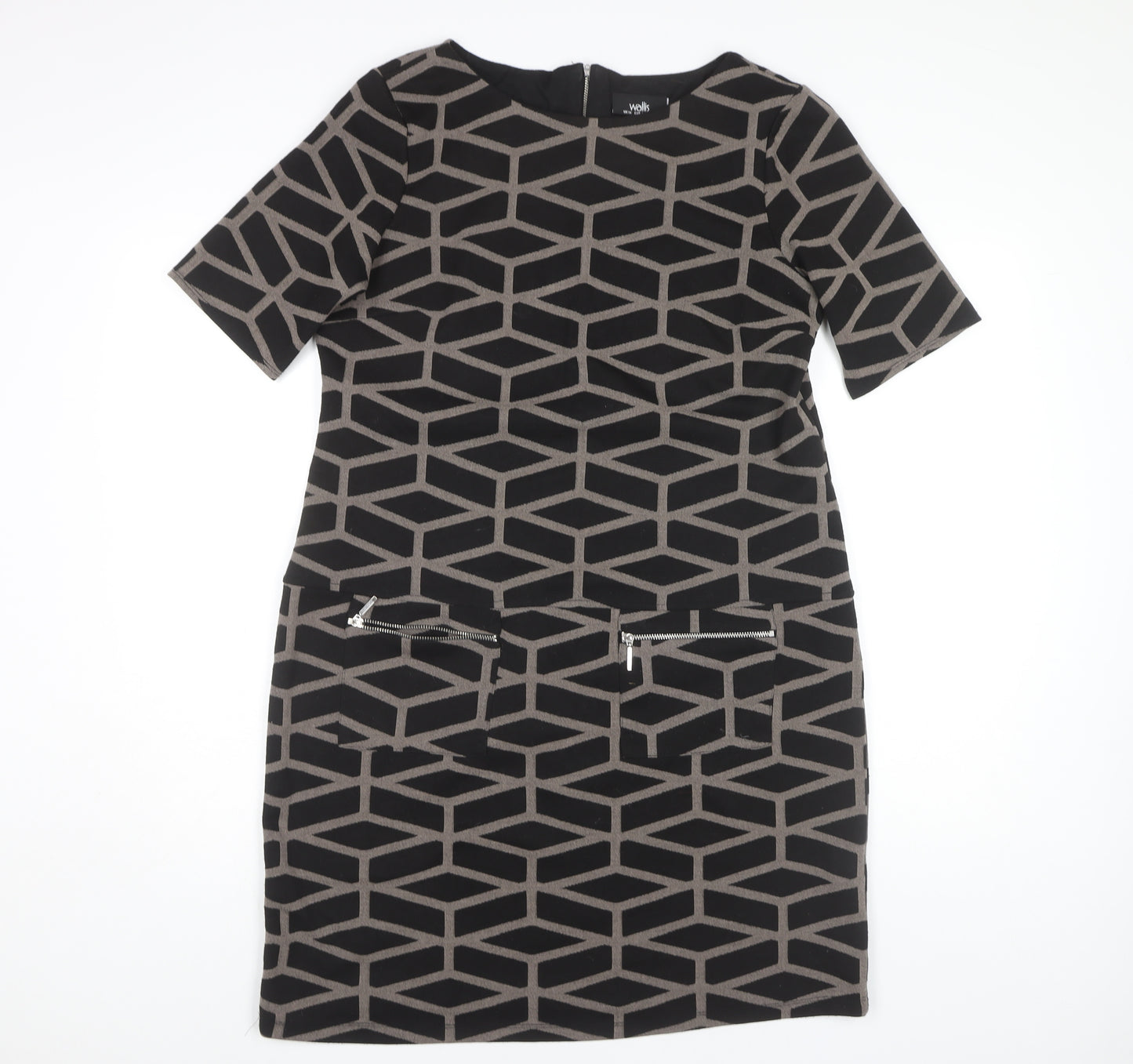 Wallis Women's Black Sheath Dress, Size 14, Geometric Pattern