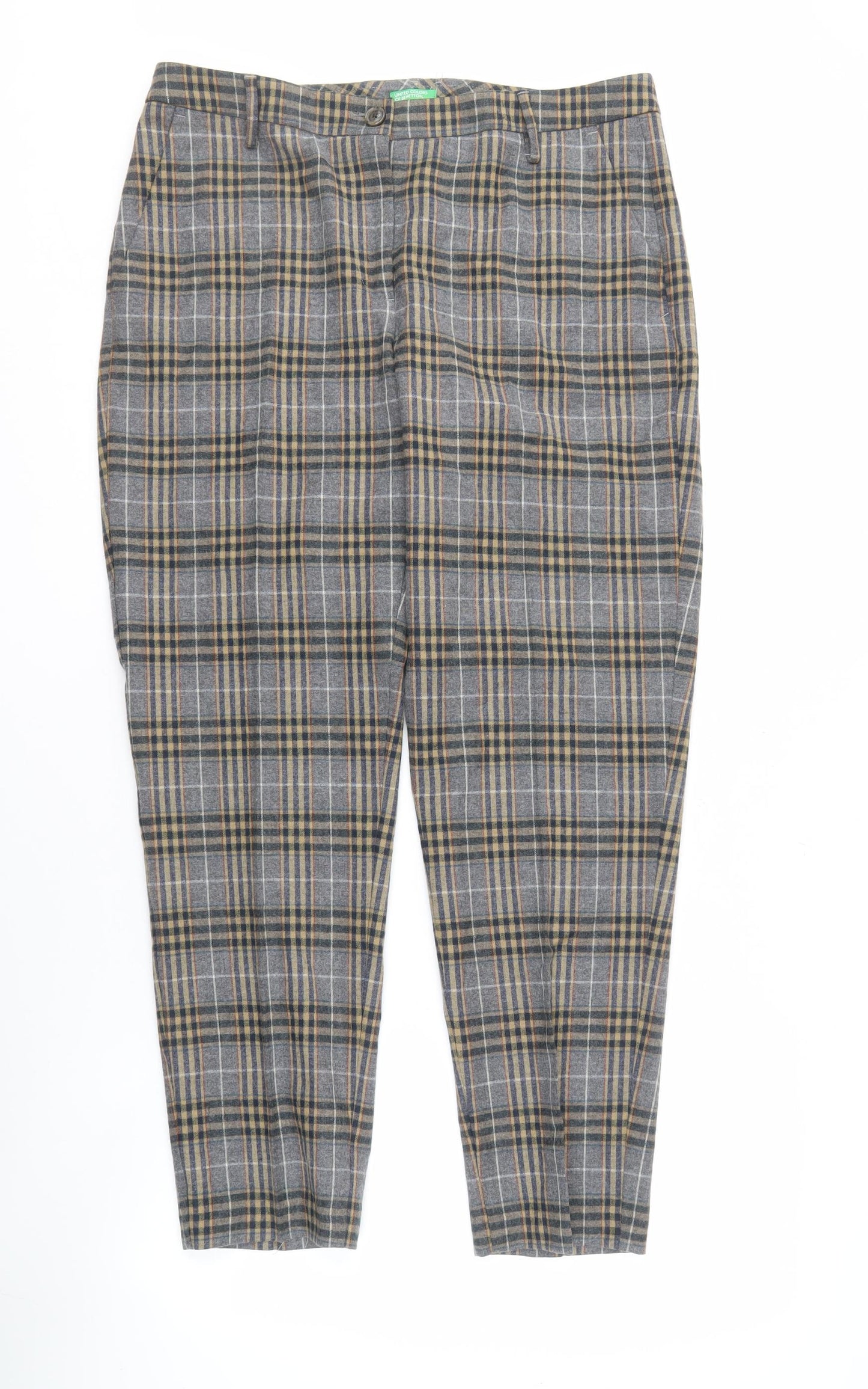 United Colors of Benetton Women's Beige Plaid Wool Blend Trousers Size 14