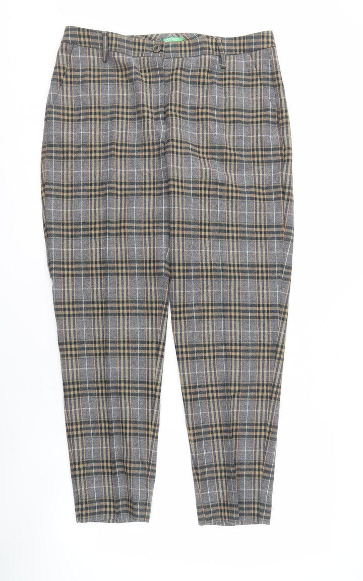 United Colors of Benetton Women's Beige Plaid Wool Blend Trousers Size 14