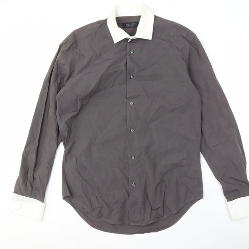 Zara Men's Grey Button-Up Shirt Size 40 Long Sleeve