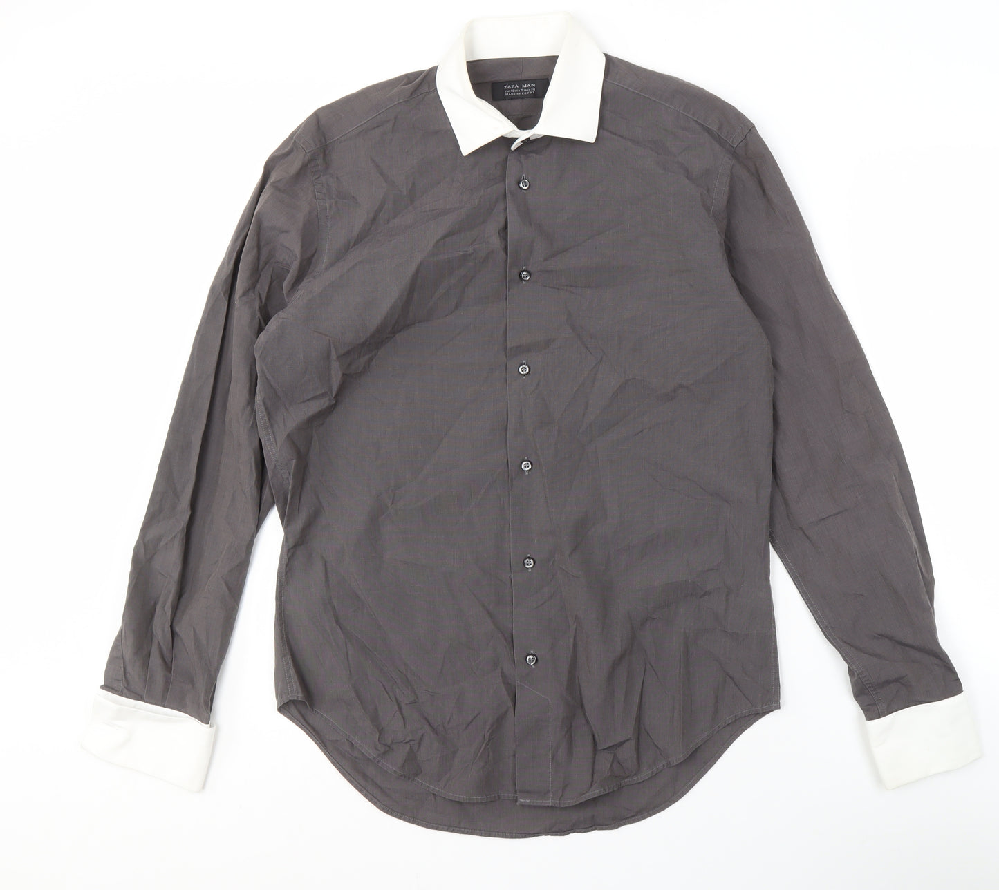 Zara Men's Grey Button-Up Shirt Size 40 Long Sleeve