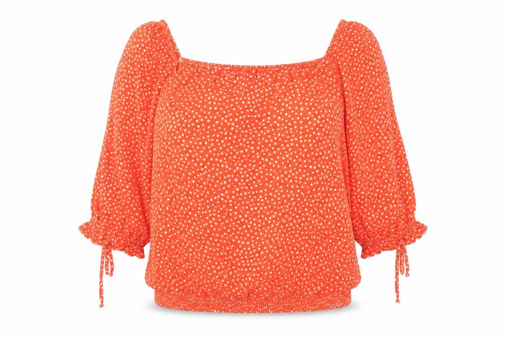 Front view of Mint Velvet Women's Red Polka Dot Tunic Blouse, size 14