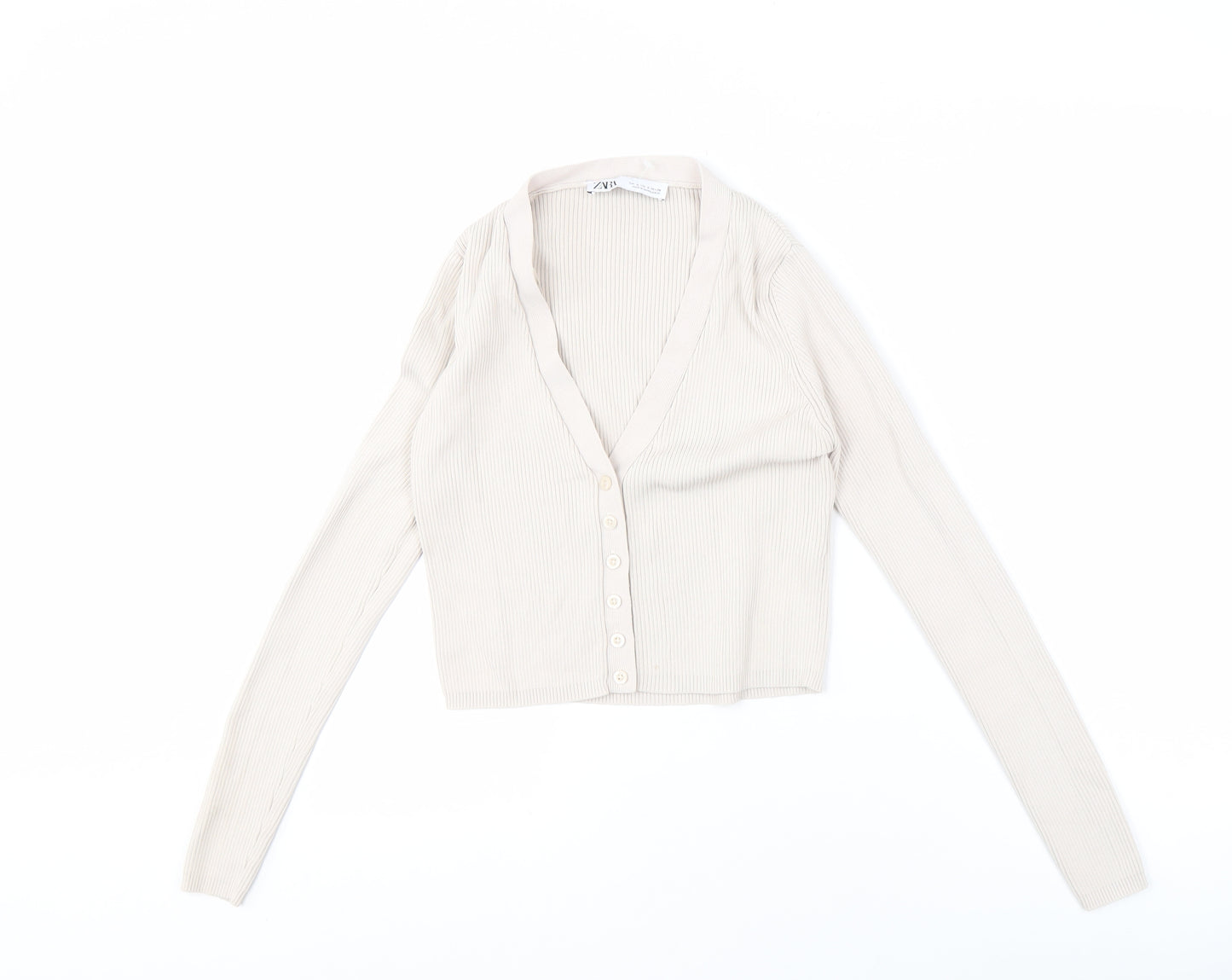 ZARA Women's Beige Cropped Button-Up Long Sleeve Top