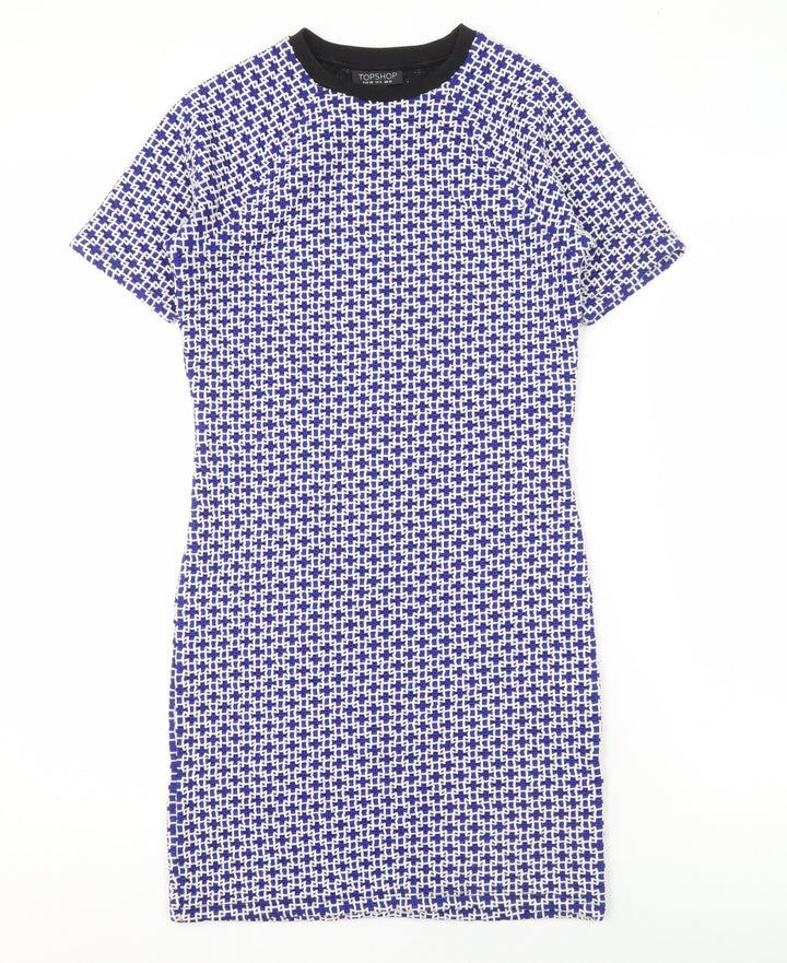 Topshop Blue Geometric Shift Dress, Size 10, Women's