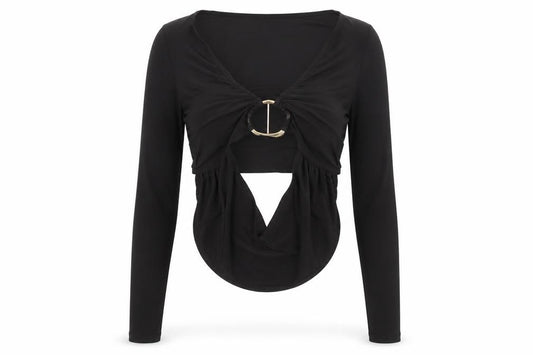 Front view of PRETTYLITTLETHING Black Long Sleeve Top Women, size 8