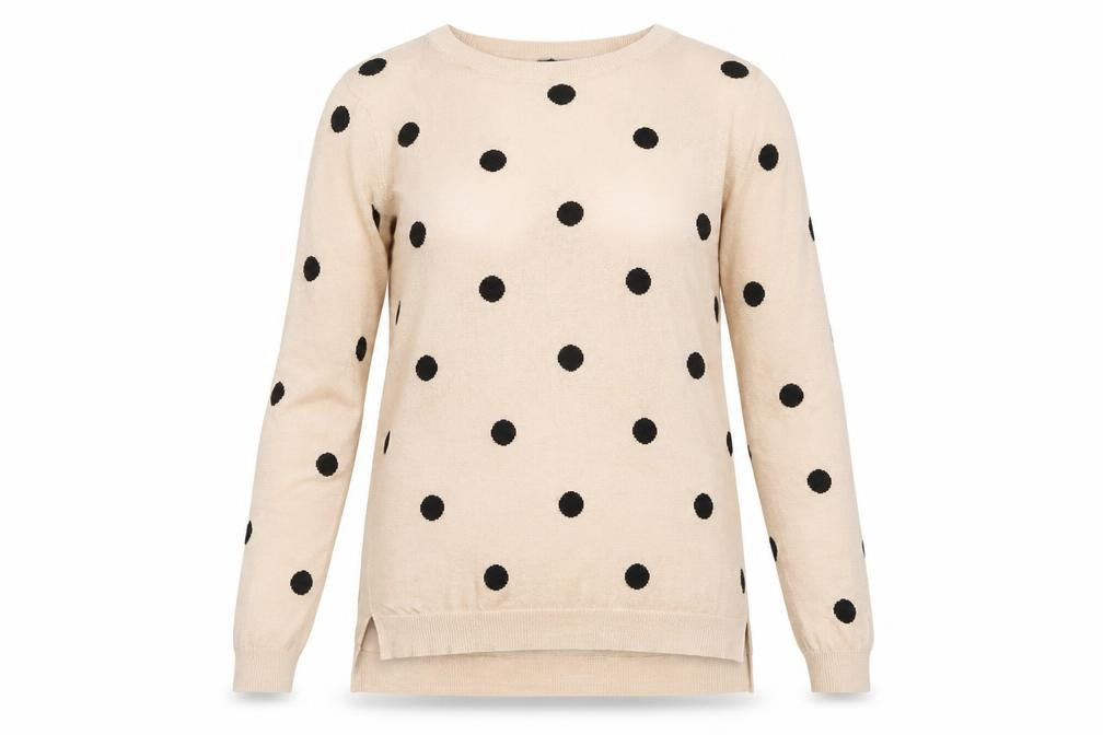 Oasis Women's XS Beige Polka Dot Long Sleeve T-Shirt