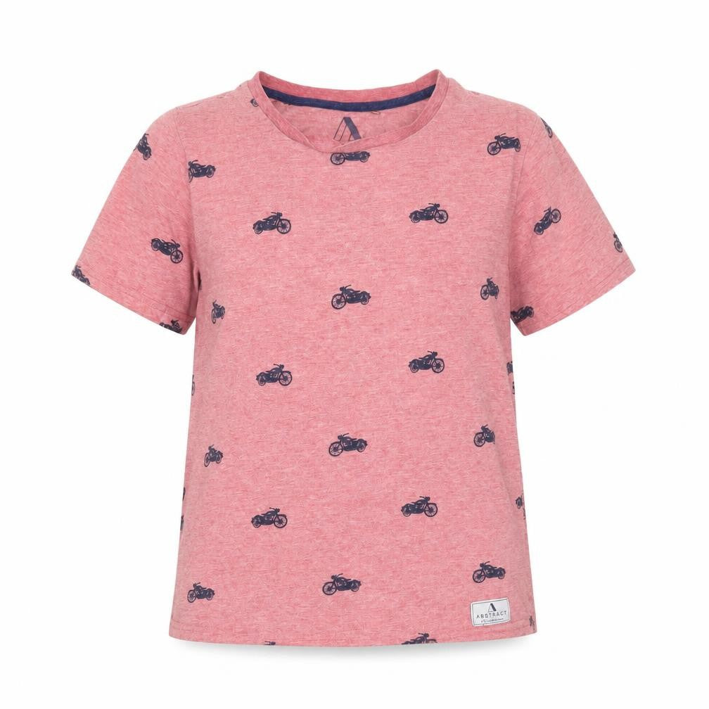 Front view of Abstract unisex red t-shirt, size 12, motorcycle print