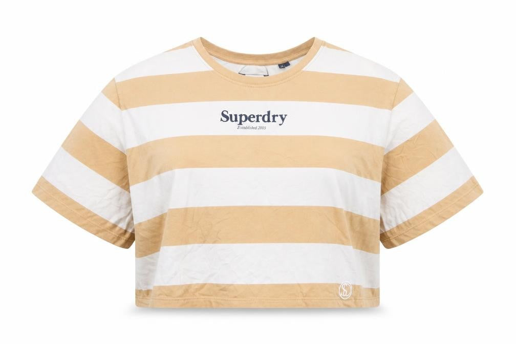Front view of Superdry Women's Beige Striped T-Shirt UK 14