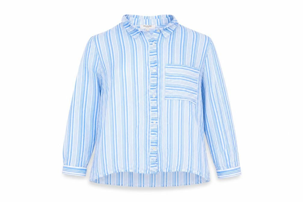Front view of Great Plains Women's Blue Striped Button-Up Shirt, size 10
