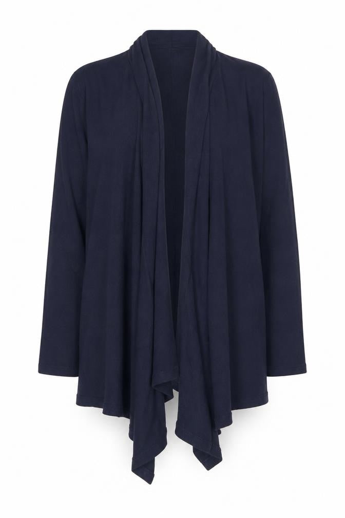 Front view of Mauvette Women's Blue Open Front Cardigan, size 14, - Stylish & Cosy