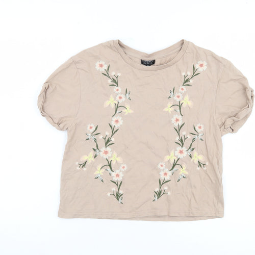 Topshop Women's Beige Floral Embroidered T-Shirt, Size 6