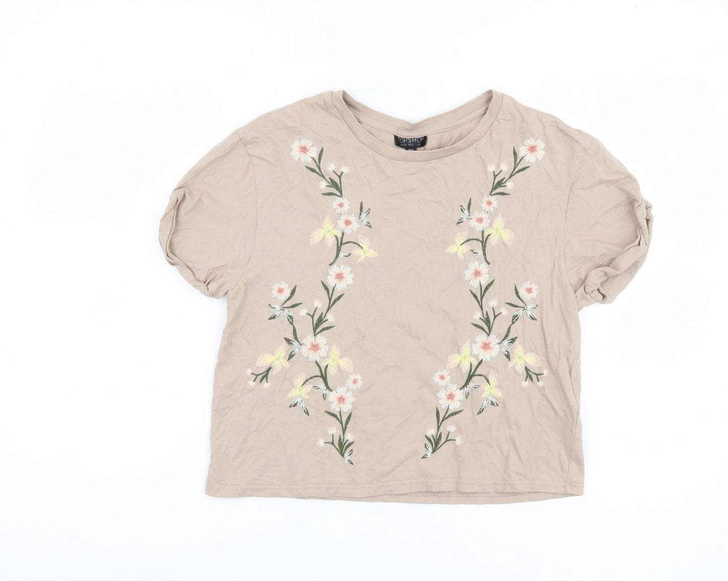 Topshop Women's Beige Floral Embroidered T-Shirt, Size 6