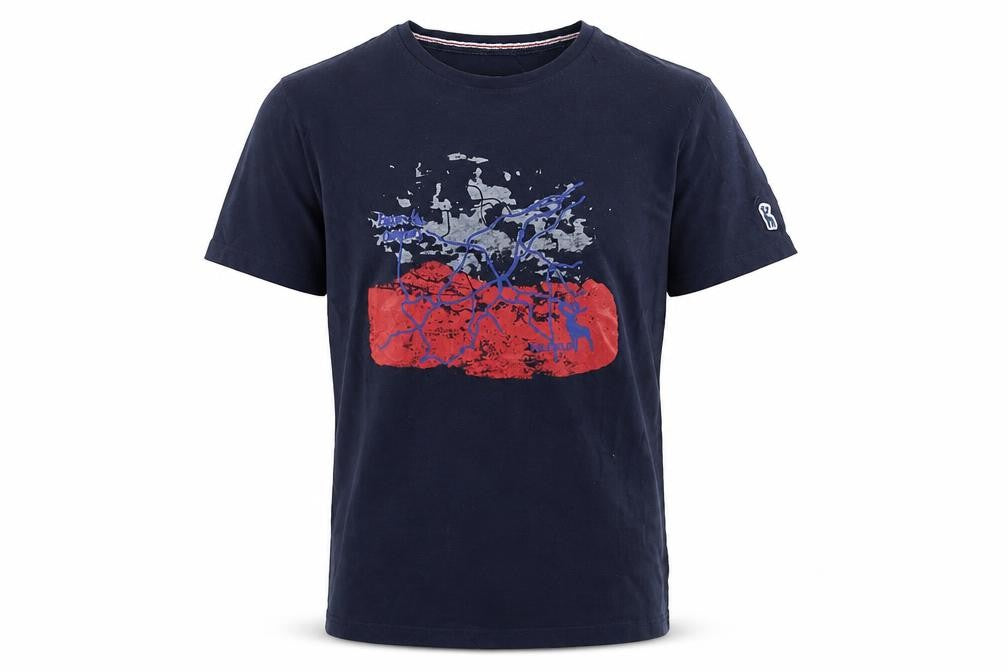 Front view of P.G. Field Men's Blue Graphic Print T-Shirt, Small