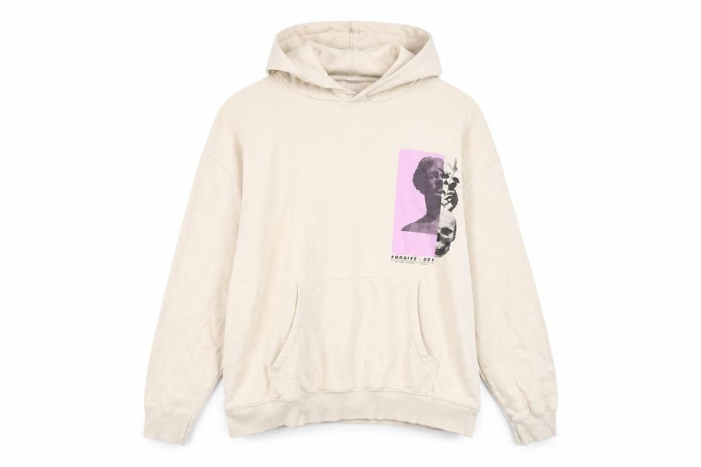Front view of Topman Men’s Beige Graphic Print Hoodie L Pullover