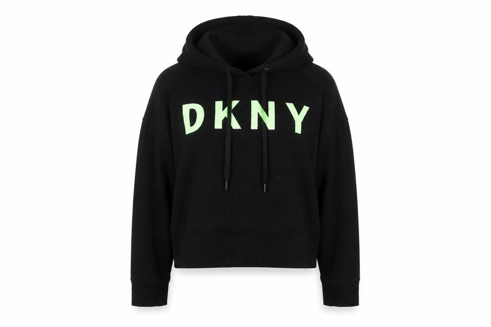 Front view of DKNY Women's Black Hoodie S Pullover Logo Casual