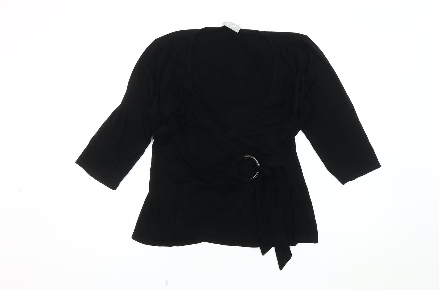 Wallis Women's Black Wrap Top, Size 16, 3/4 Sleeve, V-Neck