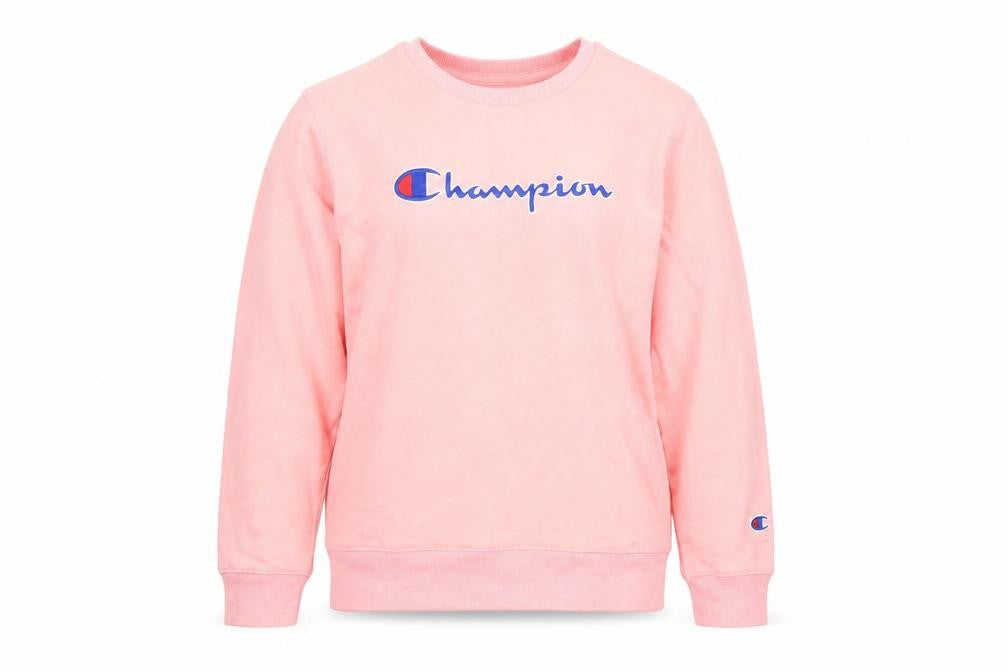 Front view of Champion girls’ pink xl pullover sweatshirt with logo