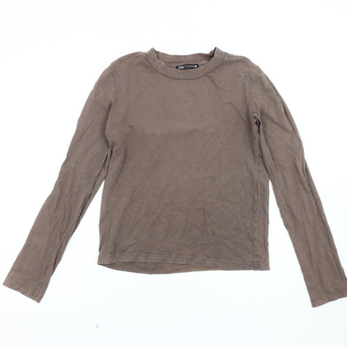 Zara Women's Brown Cotton Long Sleeve T-Shirt XS