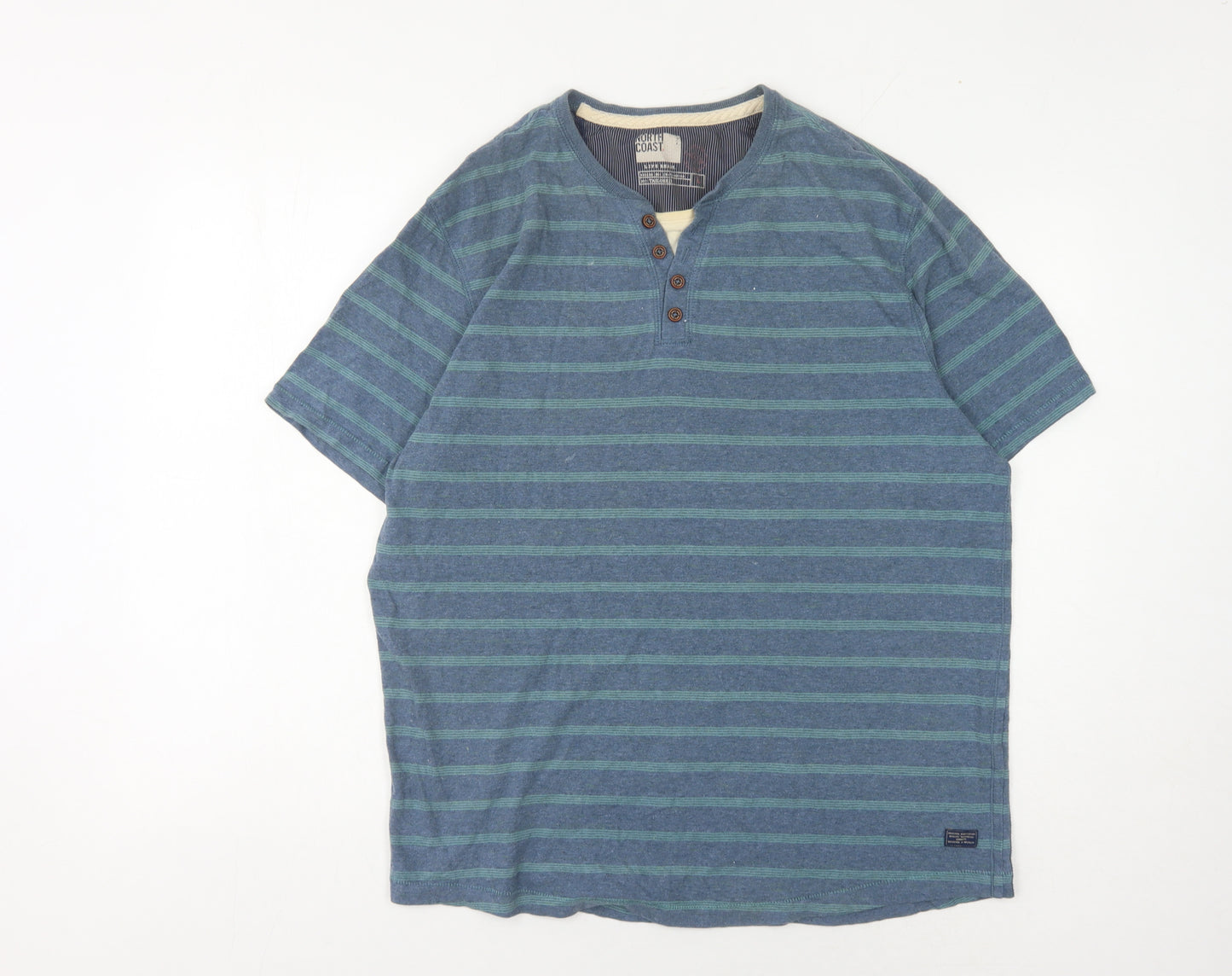 North Coast Men's Large Blue Striped Henley T-Shirt