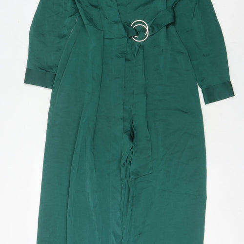 Zara Women’s Green Belted Jumpsuit, Size S, V-Neck Wide-Leg