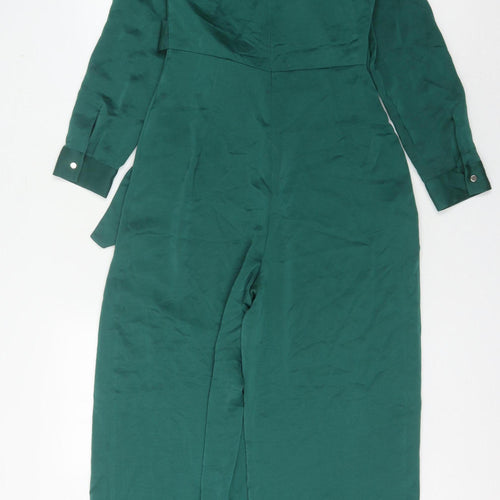 Zara Women’s Green Belted Jumpsuit, Size S, V-Neck Wide-Leg