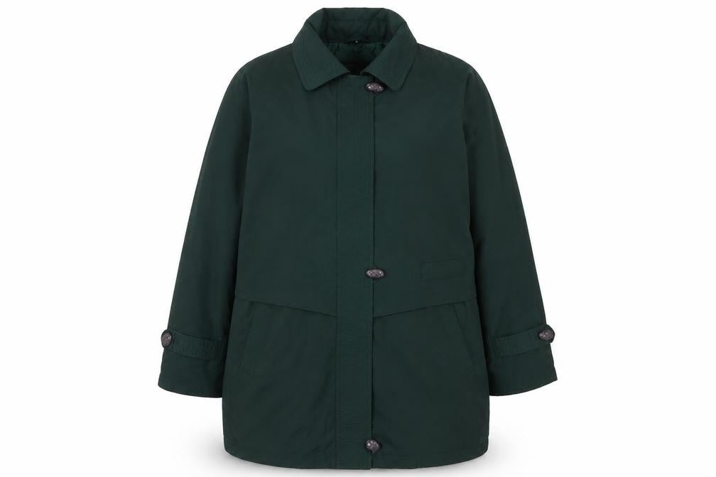 Front view of NUAGE Women's Green Long Coat, size 16, Button Accent