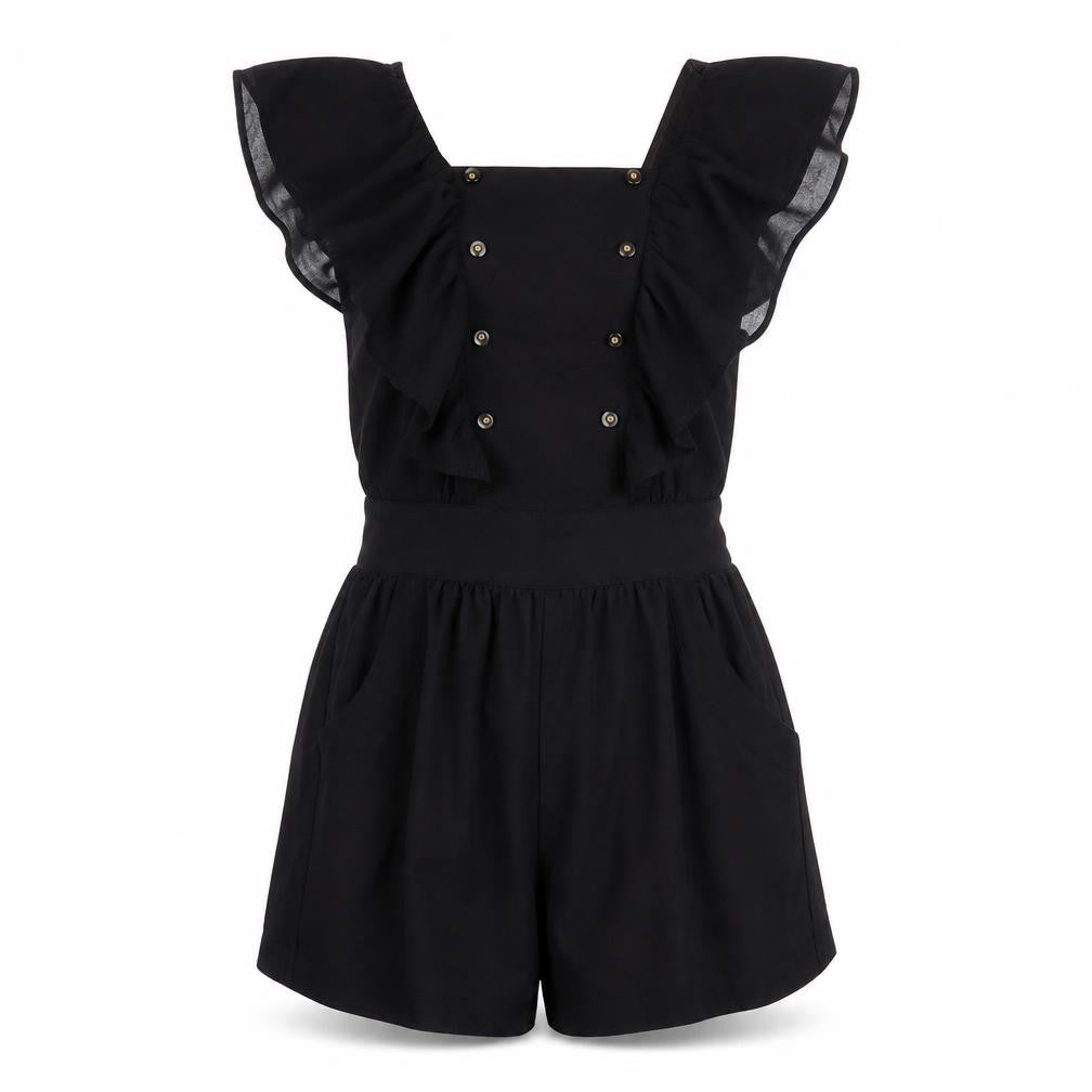 Front view of Miss Selfridge Black Women's Ruffle Playsuit, size 10