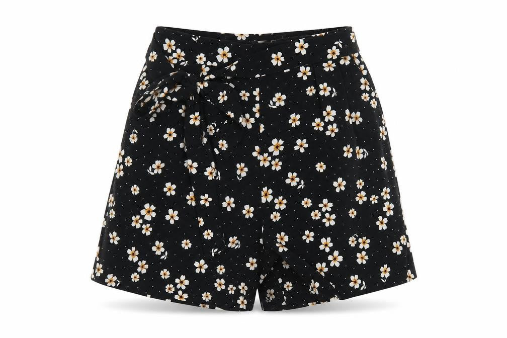 Front view of Monki Women's Black Floral Paperbag Shorts -, size S