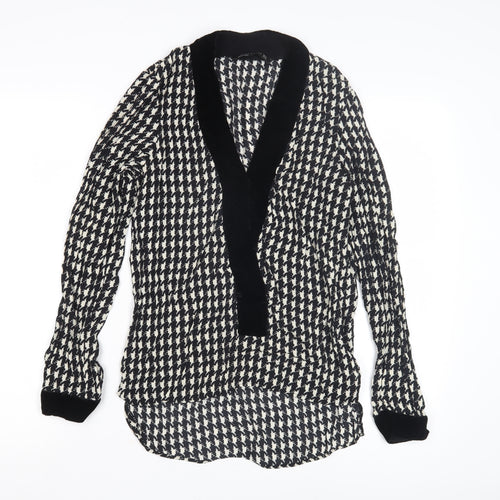 Zara Women Black Houndstooth Long Sleeve Kimono Blouse - Size 10