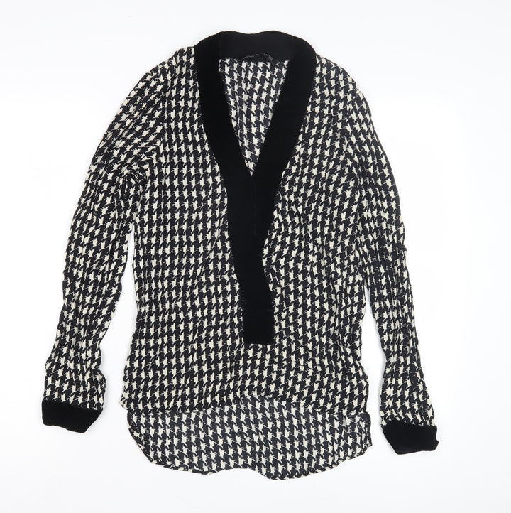 Zara Women Black Houndstooth Long Sleeve Kimono Blouse - Size 10