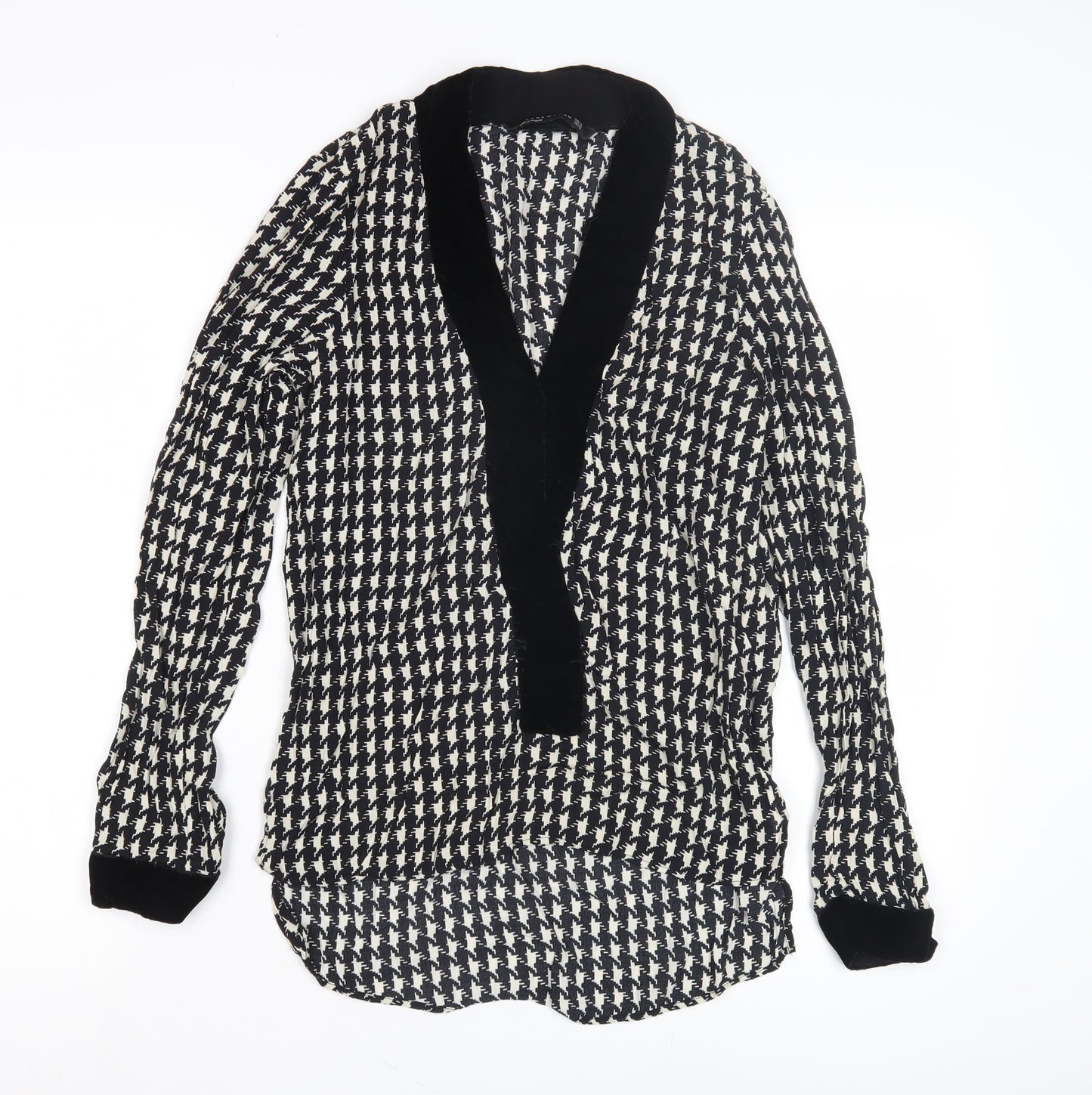 Zara Women Black Houndstooth Long Sleeve Kimono Blouse - Size 10