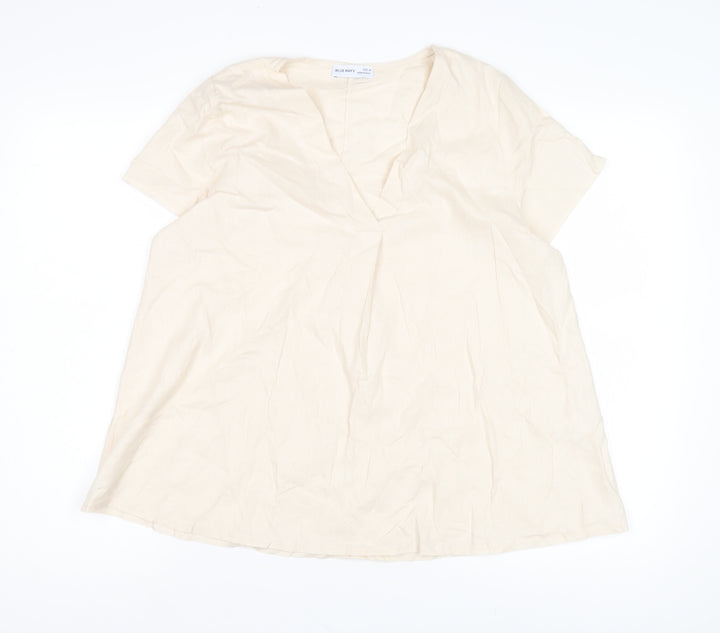 Blue Navy Women's Beige V-Neck Blouse, Size M, Casual