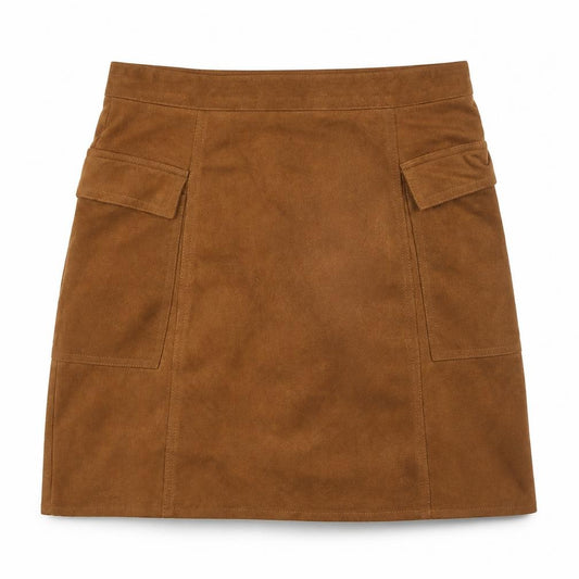 Front view of Diffuse Women's Brown Suede Cargo Skirt