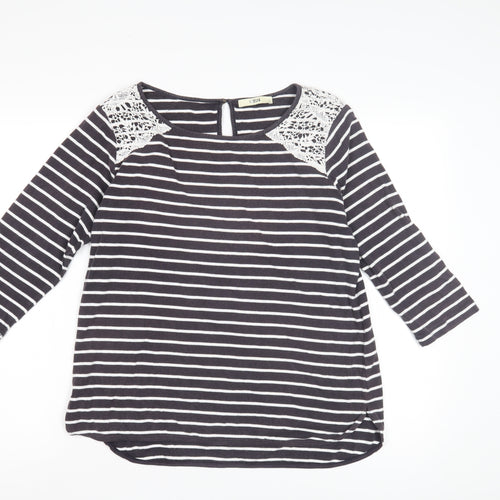 Oasis Women's Black White Striped Lace T-Shirt L