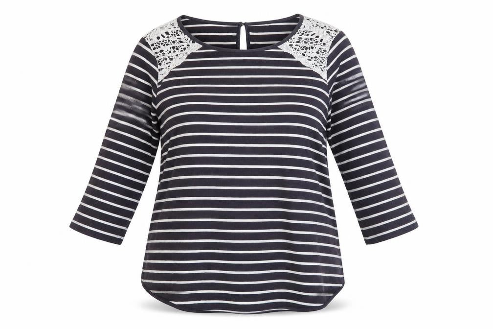 Front view of Oasis Women's Black White Striped Lace T-Shirt L