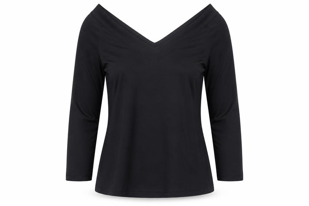 Front view of Amaranto Women's Black V-Neck Top -, size 12