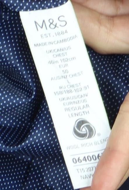 Marks and Spencer Men's Blue Wool Blazer - Size 40R