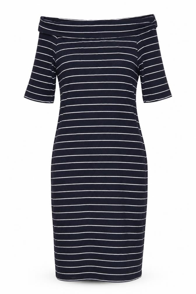 Front view of Monsoon Women's Blue Half Sleeve Striped Dress
