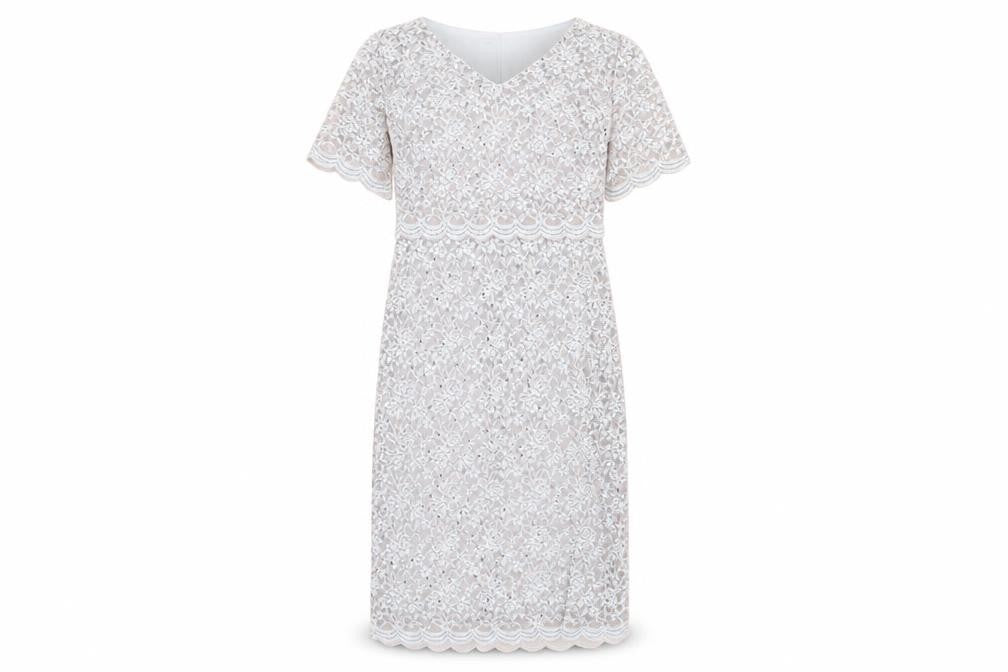 Front view of Marks & Spencer Women's Silver, size 12, Lace Sheath Dress