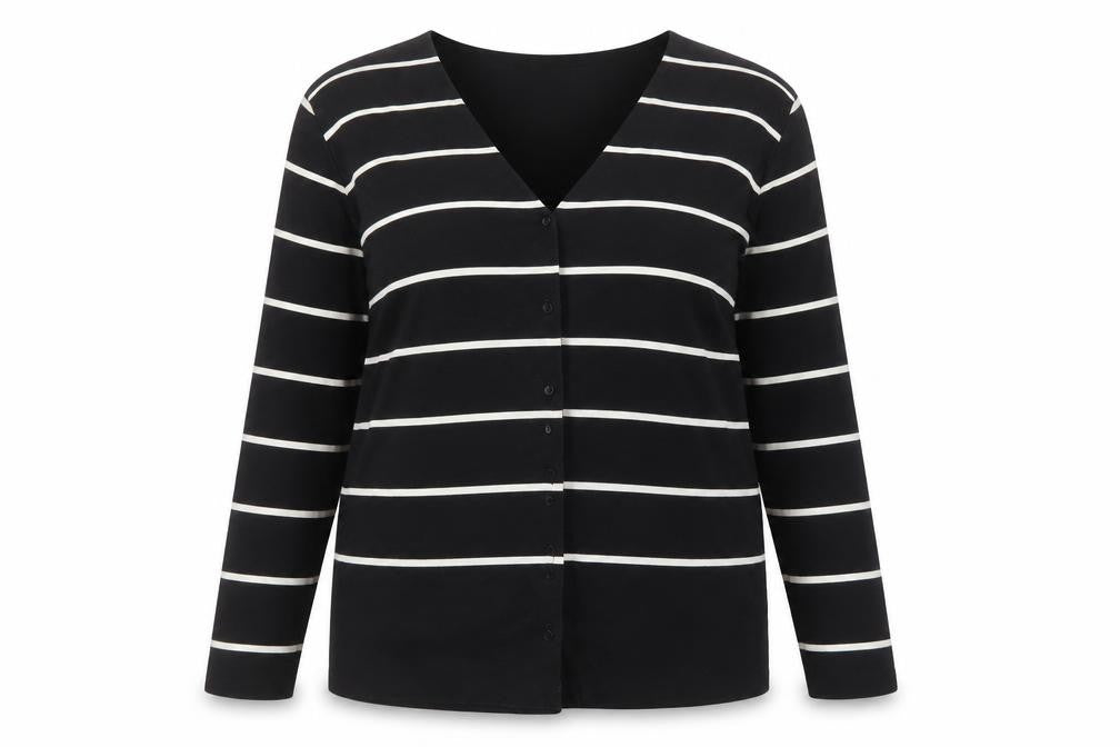 Front view of Liz Claiborne Women's Black Striped Button-Up Top