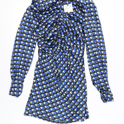 Zara Women's Blue Sheath Dress S Geometric Ruched