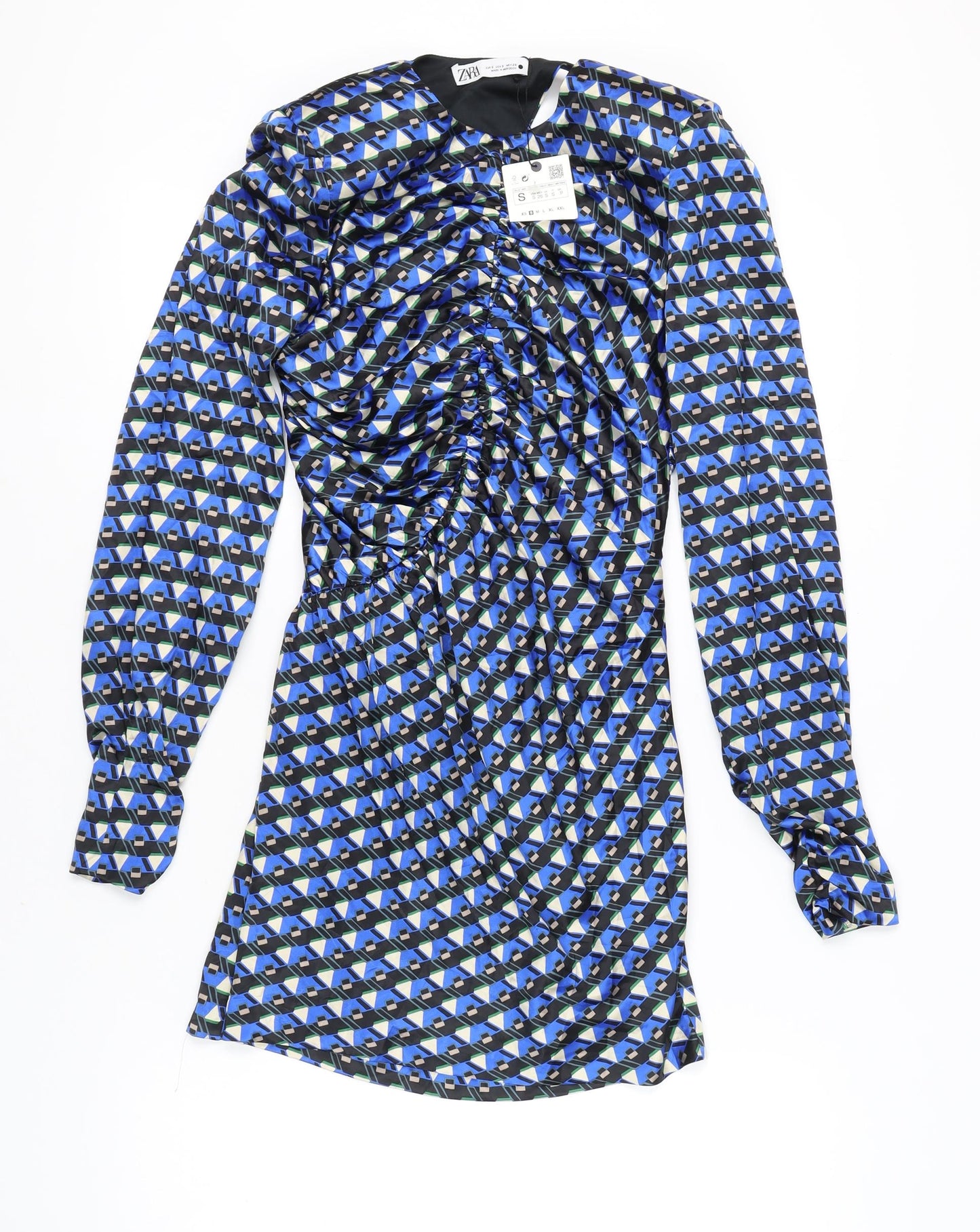 Zara Women's Blue Sheath Dress S Geometric Ruched
