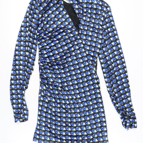 Zara Women's Blue Sheath Dress S Geometric Ruched