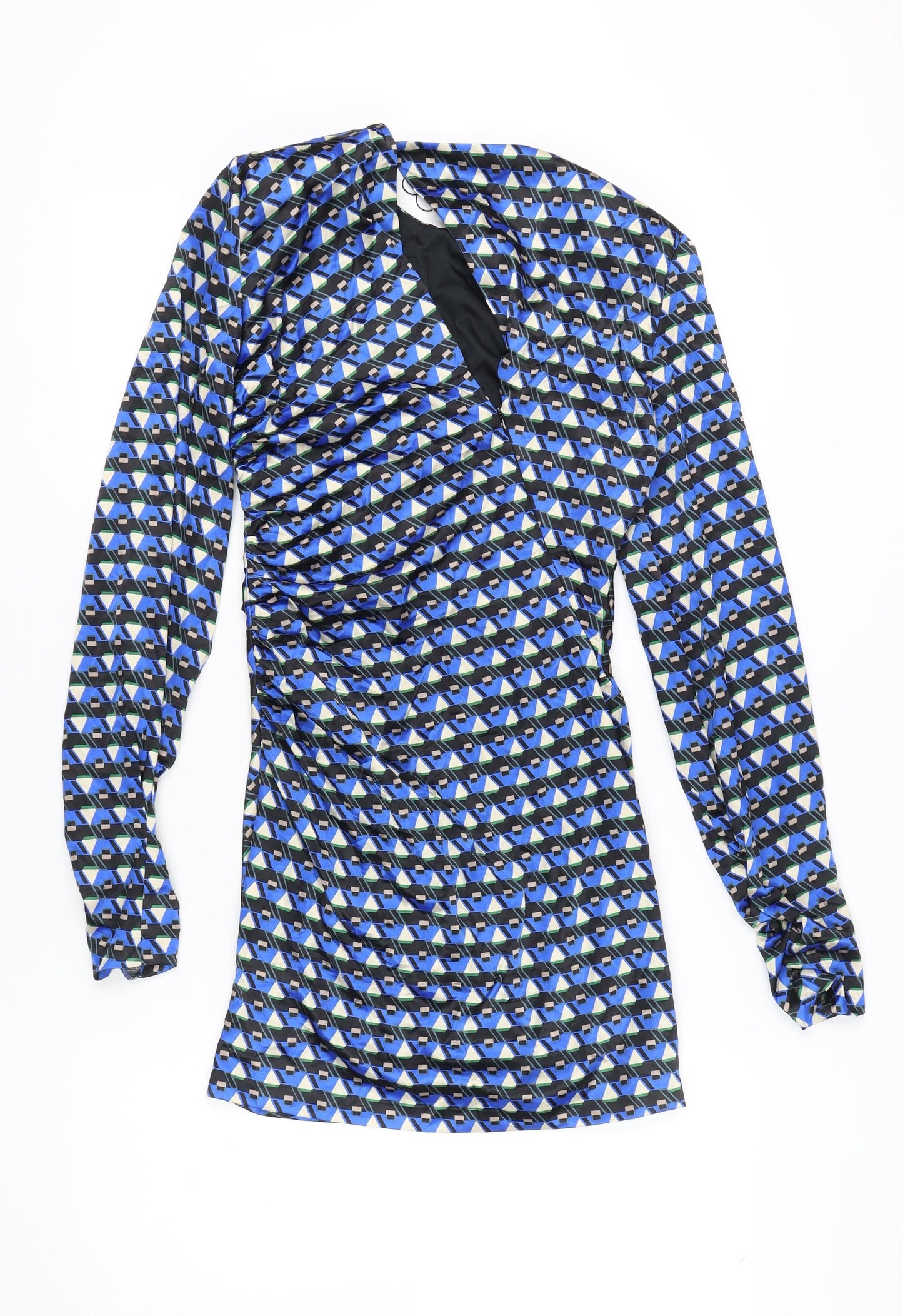 Zara Women's Blue Sheath Dress S Geometric Ruched