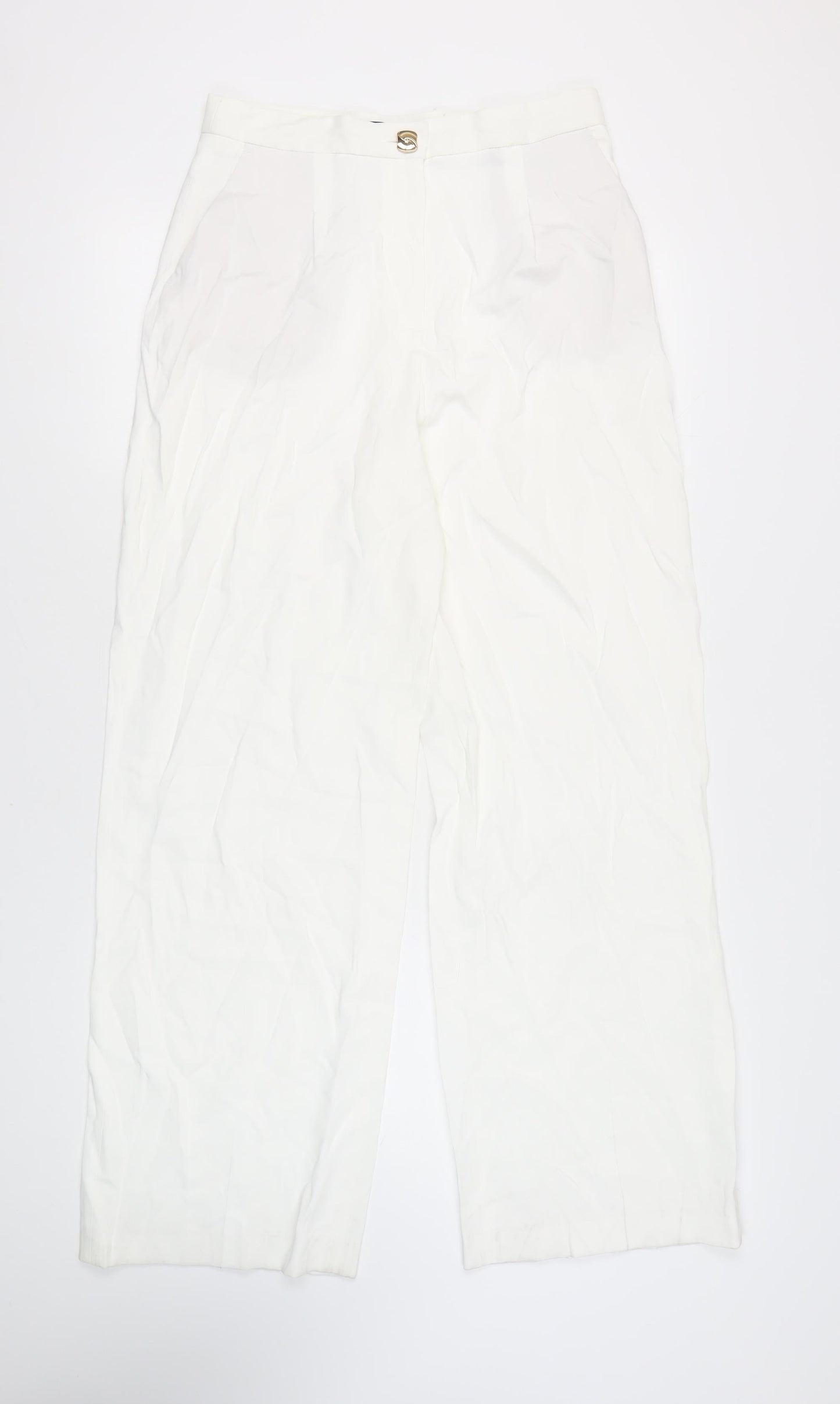 Zara Women's White Trousers - Size L, Pleated, Straight