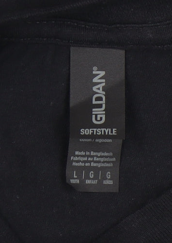 Gildan Boys Black T-Shirt L Casual Short Sleeve Logo Top