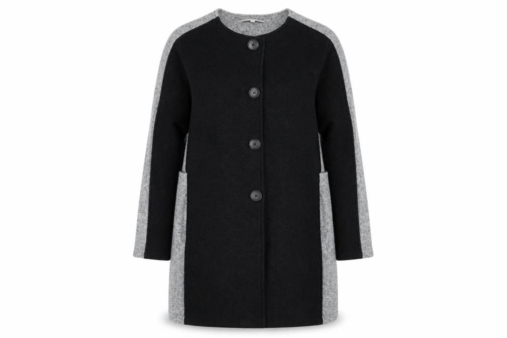 Front view of Chesca Women's Black Grey Long Coat, size M