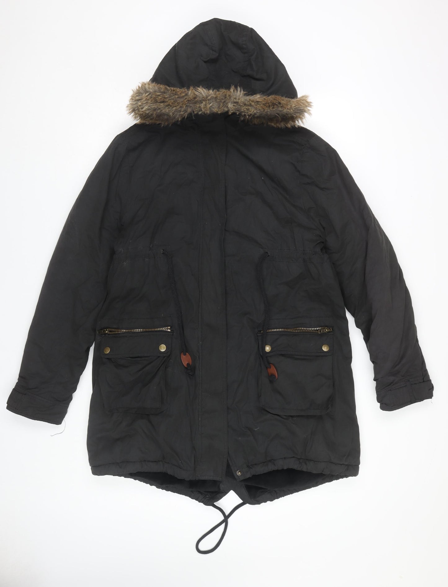 Colline Women's Black Parka Coat with Fur Trim Size 12